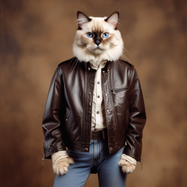 90s yearbook photo of birman cat in a leather jacket, full body, vintage background.