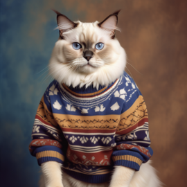 90s yearbook photo of birman cat in a vintage sweater, full body, studio background.