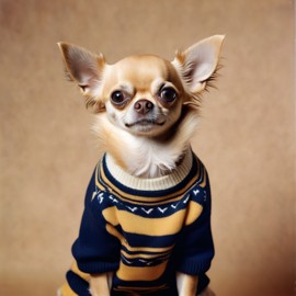 90s yearbook photo of chihuahua in a vintage sweater, full body, studio background.