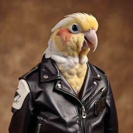 90s yearbook photo of cockatiel bird in a leather jacket, full body, vintage background.