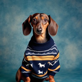 90s yearbook photo of dachshund in a vintage sweater, full body, studio background.