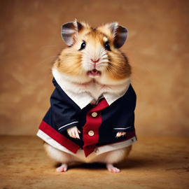 90s yearbook photo of syrian hamster in old school clothing, full body, vintage background.