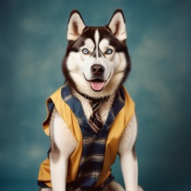 90s yearbook photo of siberian husky in old school clothing, full body, vintage background.