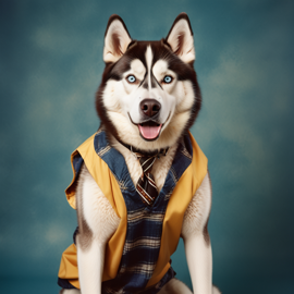 90s yearbook photo of siberian husky in old school clothing, full body, vintage background.