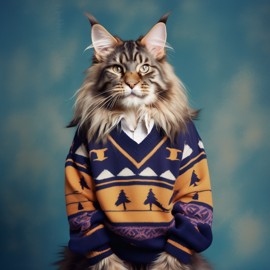 90s yearbook photo of maine coon cat in a vintage sweater, full body, studio background.