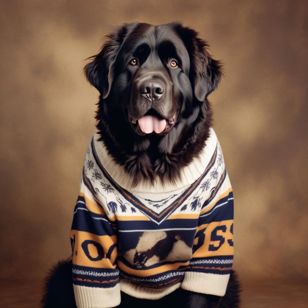 90s yearbook photo of newfoundland in a vintage sweater, full body, studio background.