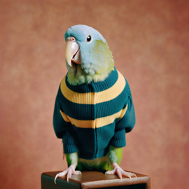 90s yearbook photo of parrotlet bird in a vintage sweater, full body, studio background.