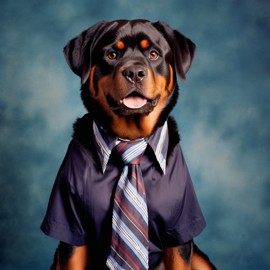 90s yearbook photo of rottweiler in a shirt and tie, full body, studio background.