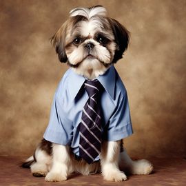 90s yearbook photo of shih tzu in a shirt and tie, full body, studio background.