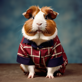 90s yearbook photo of abyssinian guinea pig in old school clothing, full body, vintage background.