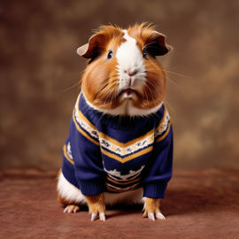 90s yearbook photo of abyssinian guinea pig in a vintage sweater, full body, studio background.