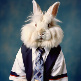 90s yearbook photo of english angora rabbit in a shirt and tie, full body, studio background.