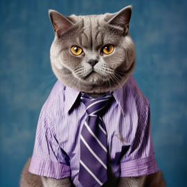 90s yearbook photo of british shorthair cat in a shirt and tie, full body, studio background.