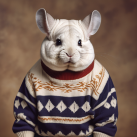 90s yearbook photo of white chinchilla in a vintage sweater, full body, studio background.