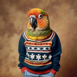 90s yearbook photo of conure bird in a vintage sweater, full body, studio background.