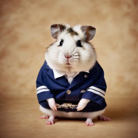 90s yearbook photo of winter white russian dwarf hamster in old school clothing, full body, vintage background.