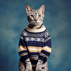 90s yearbook photo of egyptian mau cat in a vintage sweater, full body, studio background.