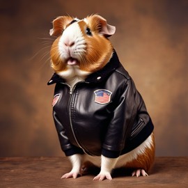 90s yearbook photo of american guinea pig in a leather jacket, full body, vintage background.