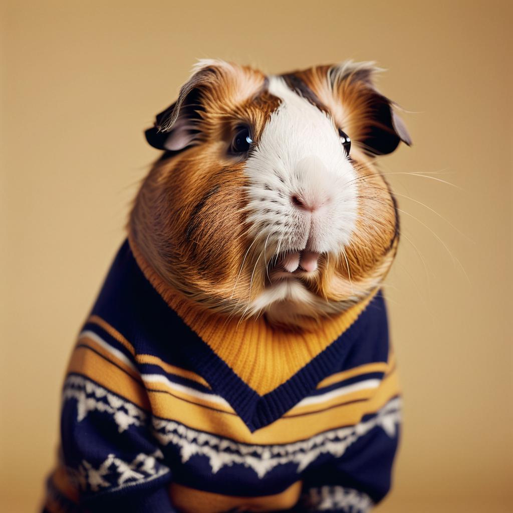 90s yearbook photo of peruvian guinea pig in a vintage sweater, full body, studio background.