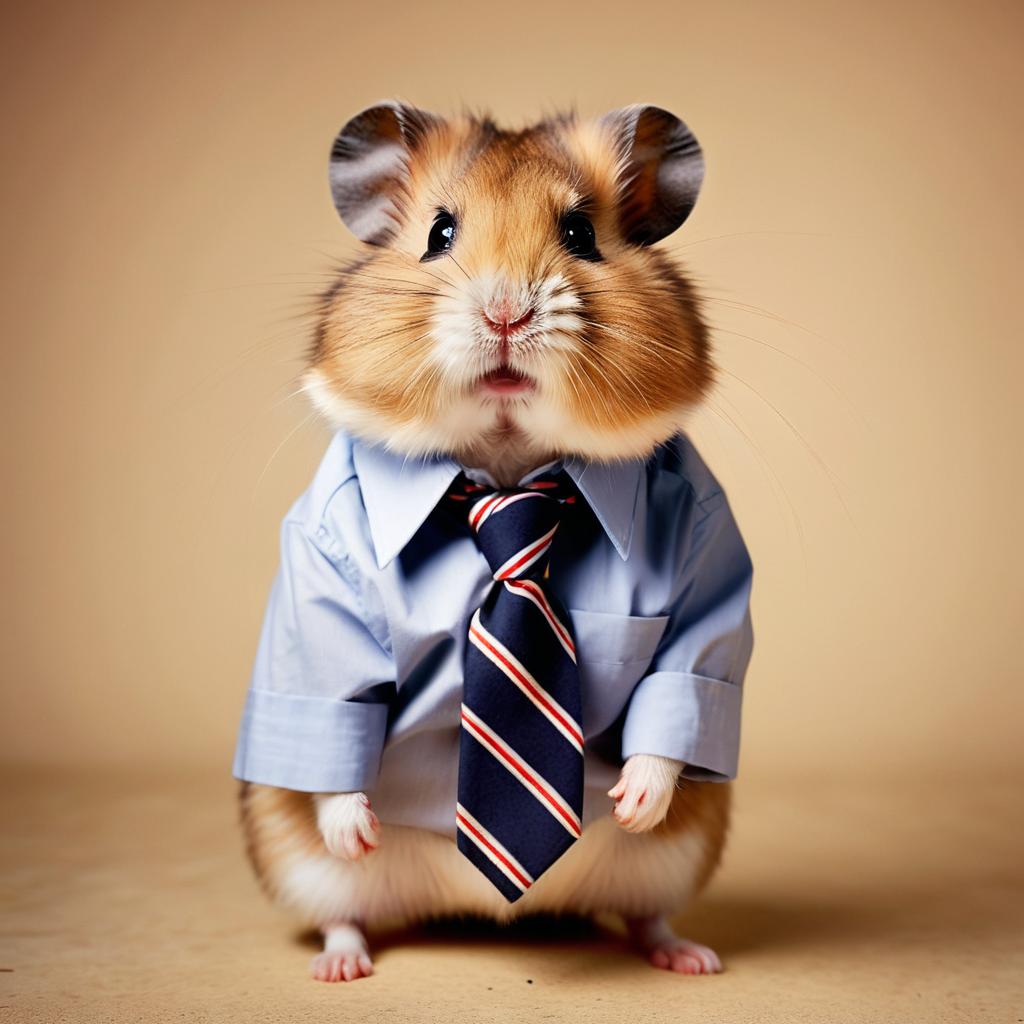 90s yearbook photo of syrian hamster in a shirt and tie, full body, studio background.