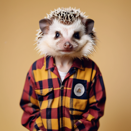 90s yearbook photo of african pygmy hedgehog in old school clothing, full body, vintage background.