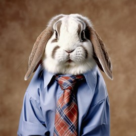 90s yearbook photo of holland lop rabbit in a shirt and tie, full body, studio background.