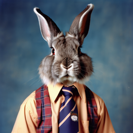 90s yearbook photo of lionhead rabbit in a shirt and tie, full body, studio background.