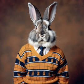 90s yearbook photo of lionhead rabbit in a vintage sweater, full body, studio background.