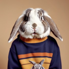 90s yearbook photo of mini lop rabbit in a vintage sweater, full body, studio background.