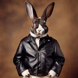 90s yearbook photo of mini rex rabbit in a leather jacket, full body, vintage background.