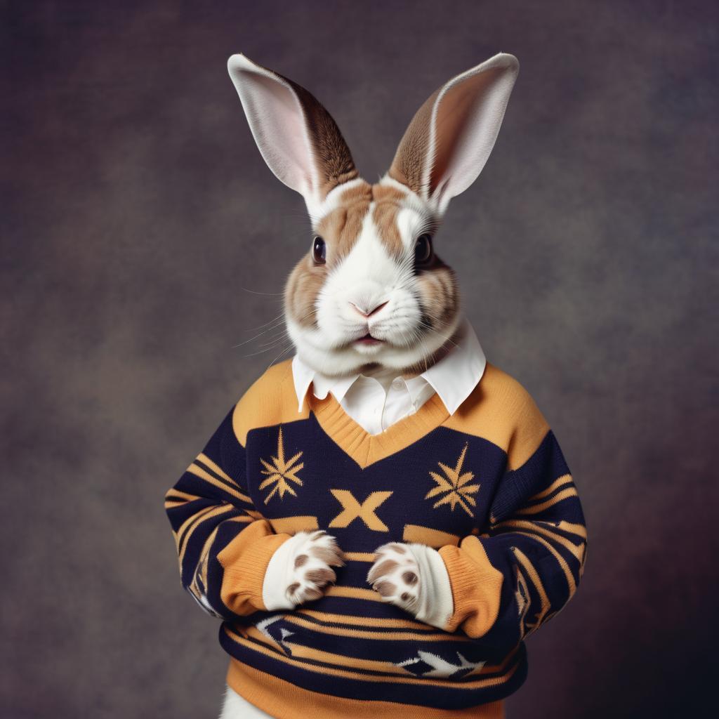 90s yearbook photo of mini rex rabbit in a vintage sweater, full body, studio background.