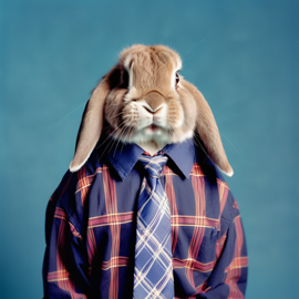 90s yearbook photo of mini lop rabbit in a shirt and tie, full body, studio background.