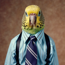 90s yearbook photo of parakeet (budgerigar) bird in a shirt and tie, full body, studio background.