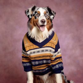 90s yearbook photo of australian shepherd in a vintage sweater, full body, studio background.