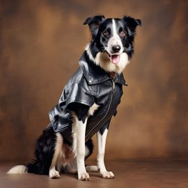 90s yearbook photo of border collie in a leather jacket, full body, vintage background.