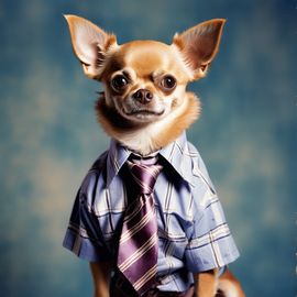 90s yearbook photo of chihuahua in a shirt and tie, full body, studio background.