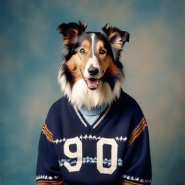 90s yearbook photo of collie in a vintage sweater, full body, studio background.