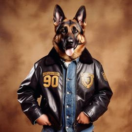 90s yearbook photo of german shepherd in a leather jacket, full body, vintage background.