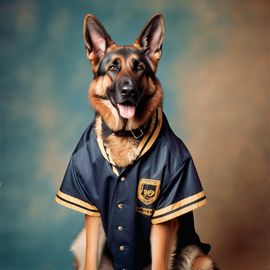 90s yearbook photo of german shepherd in old school clothing, full body, vintage background.