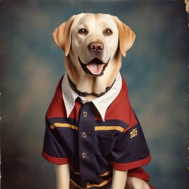 90s yearbook photo of labrador retriever in old school clothing, full body, vintage background.