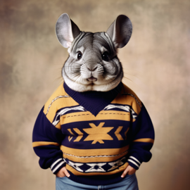 90s yearbook photo of standard grey chinchilla in a vintage sweater, full body, studio background.