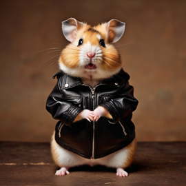 90s yearbook photo of syrian hamster in a leather jacket, full body, vintage background.