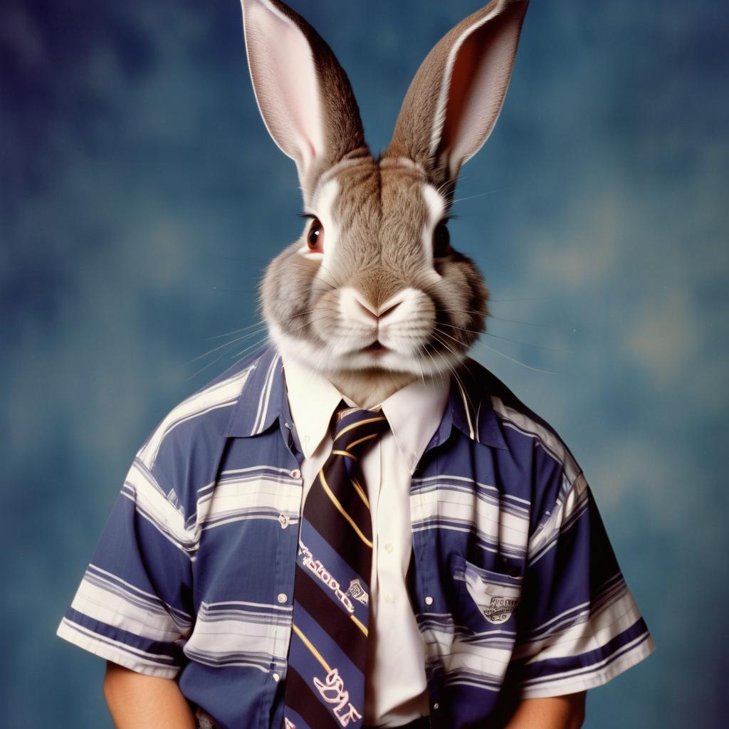 90s yearbook photo of rex rabbit in a shirt and tie, full body, studio background.