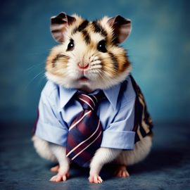 90s yearbook photo of roborovski dwarf hamster in a shirt and tie, full body, studio background.