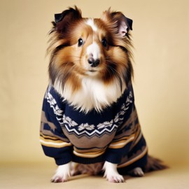 90s yearbook photo of silkie (sheltie) guinea pig in a vintage sweater, full body, studio background.