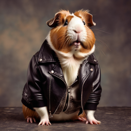 90s yearbook photo of teddy guinea pig in a leather jacket, full body, vintage background.