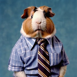 90s yearbook photo of teddy guinea pig in a shirt and tie, full body, studio background.