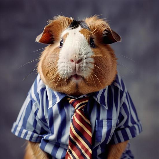 Guinea pig in blue striped business shirt and red tie, professional pet portrait against dark backdrop