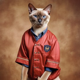 90s yearbook photo of tonkinese cat in old school clothing, full body, vintage background.