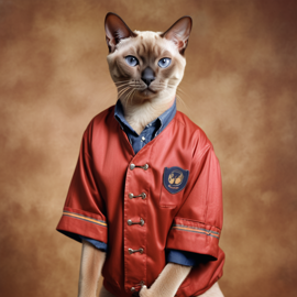 90s yearbook photo of tonkinese cat in old school clothing, full body, vintage background.